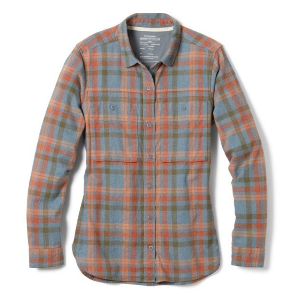 REI Co-op Wallace Flannel Shirt Womens XL Blue Orange Plaid Cotton Long Sleeve